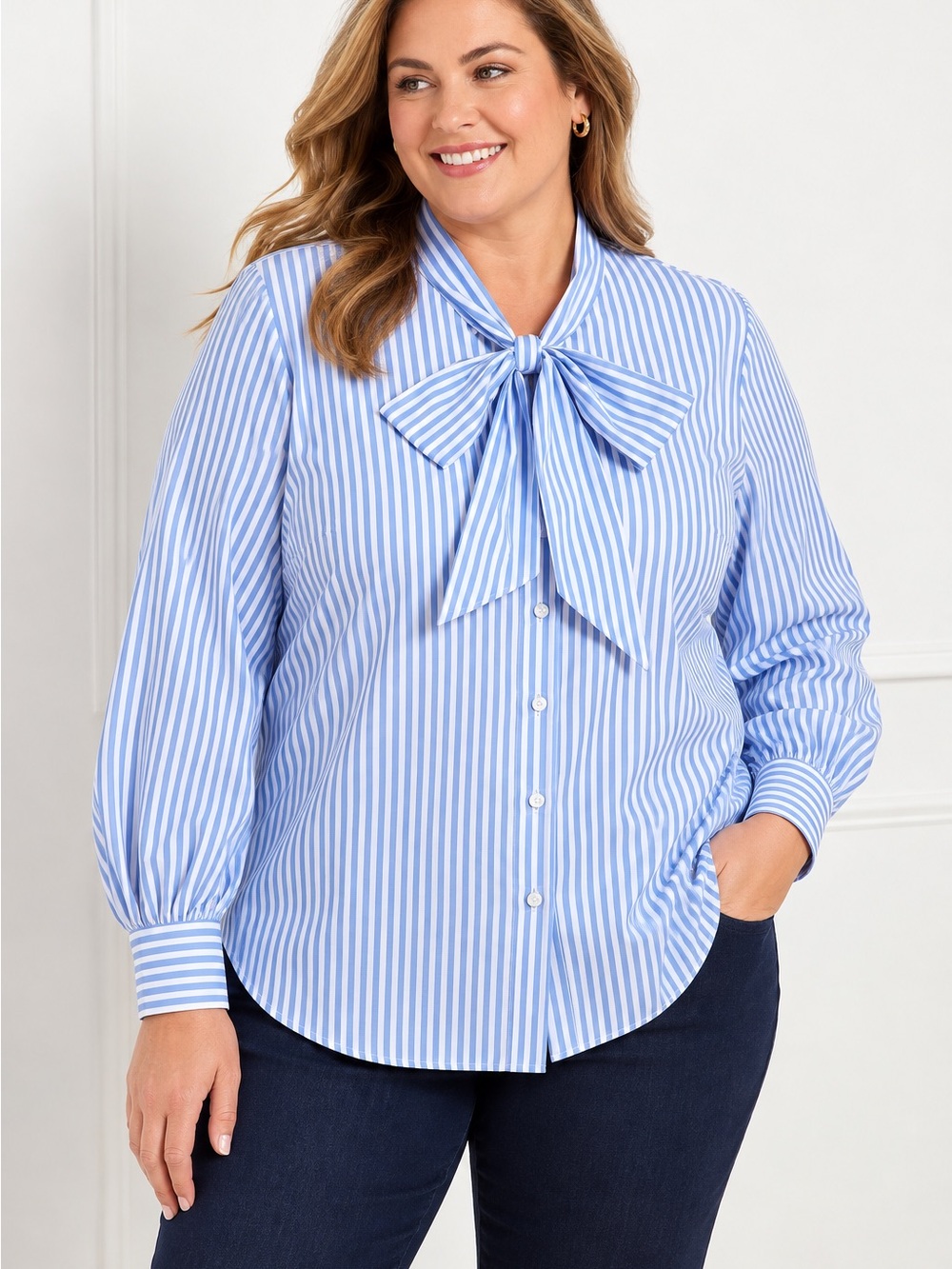 Talbots 3X Petite Blue White Stripe Tie Neck Cotton Blouse 3XP